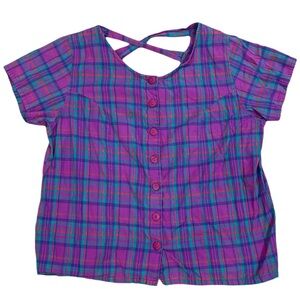 Stefano International Madras Too Plaid Short Sleeve Button Front Top Size 18/20